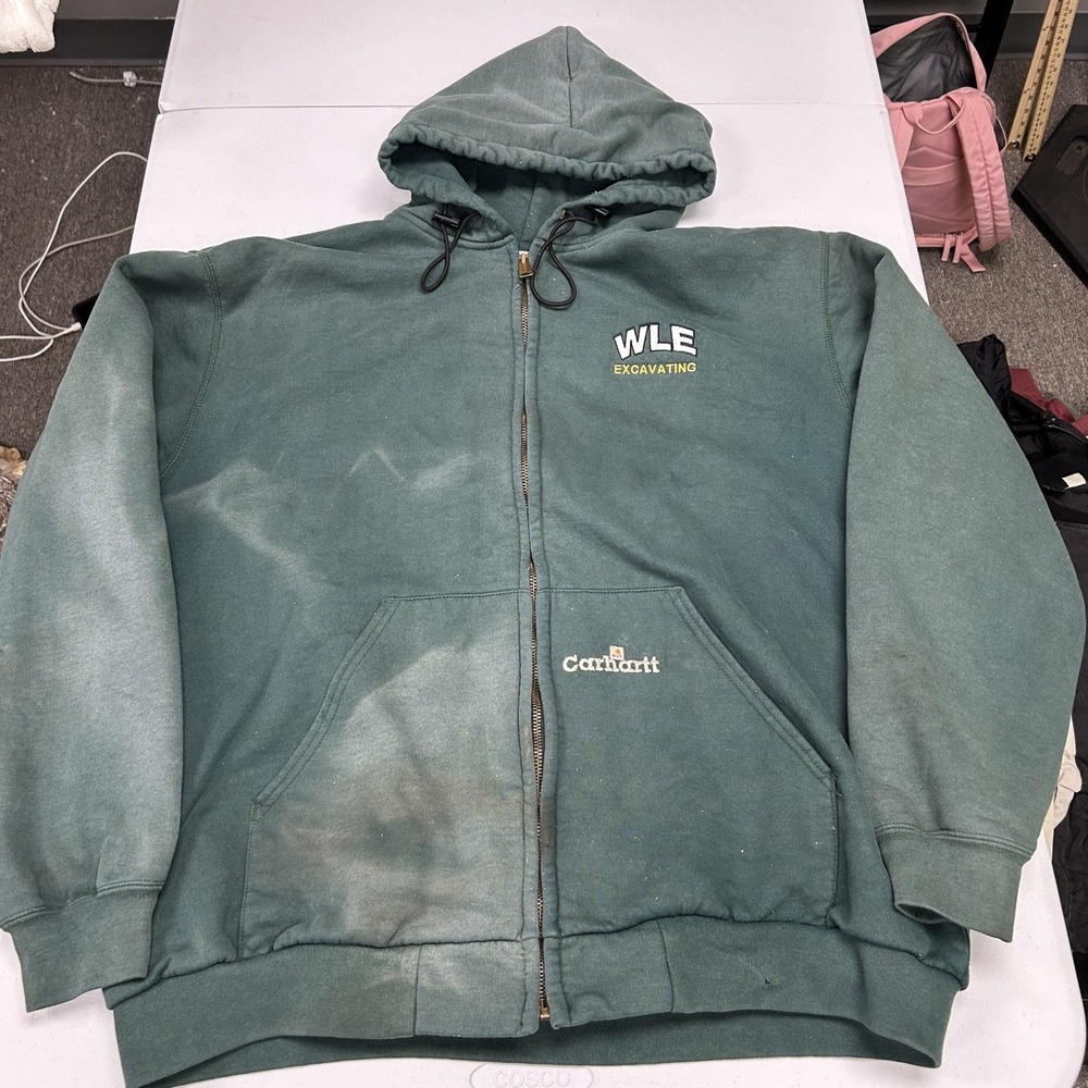 Carhartt Zip Hoodie Mens XL Green WLE Excavating Faded Distressed Workwear